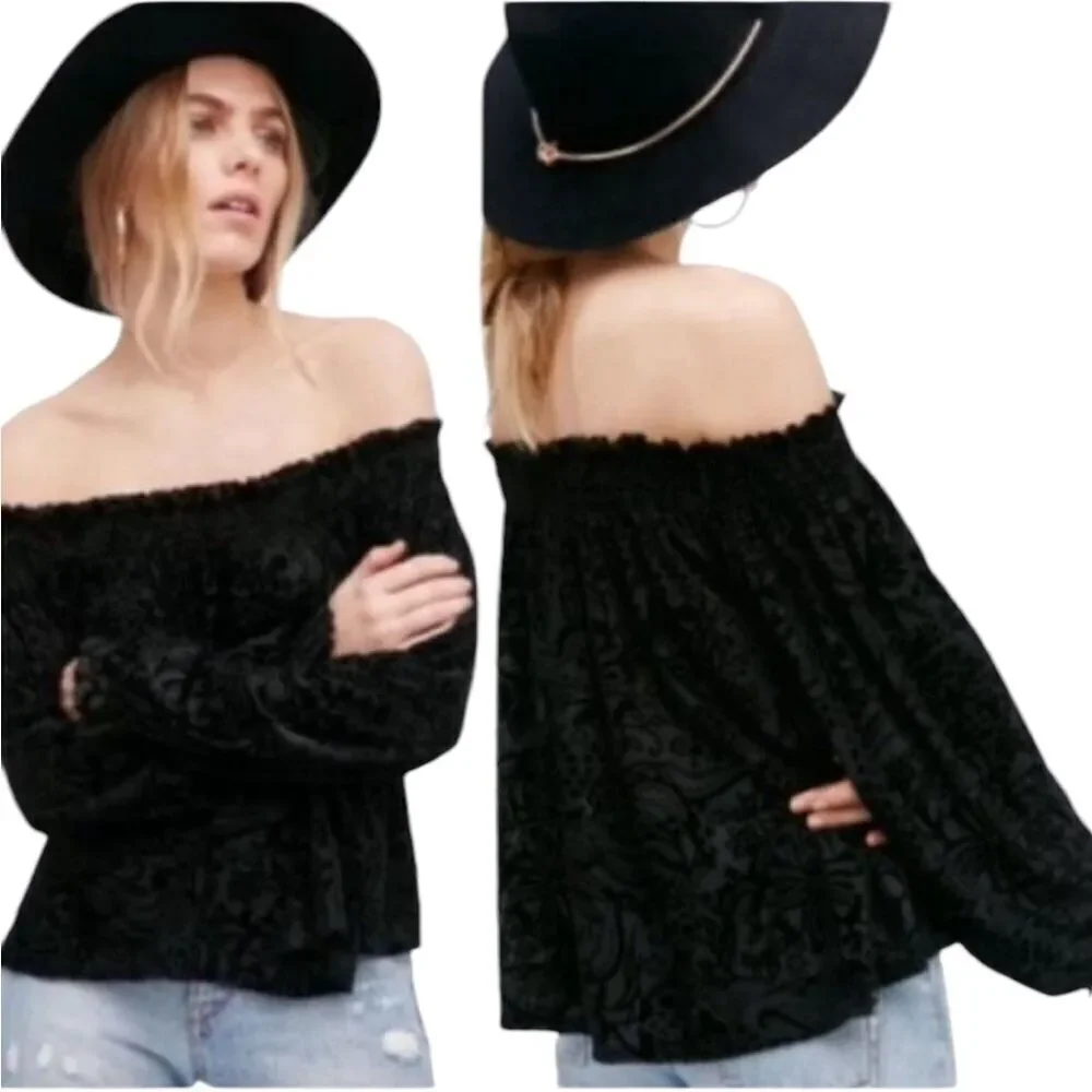 Free People A Little Twist Black Velvet Off Shoulder Top size small